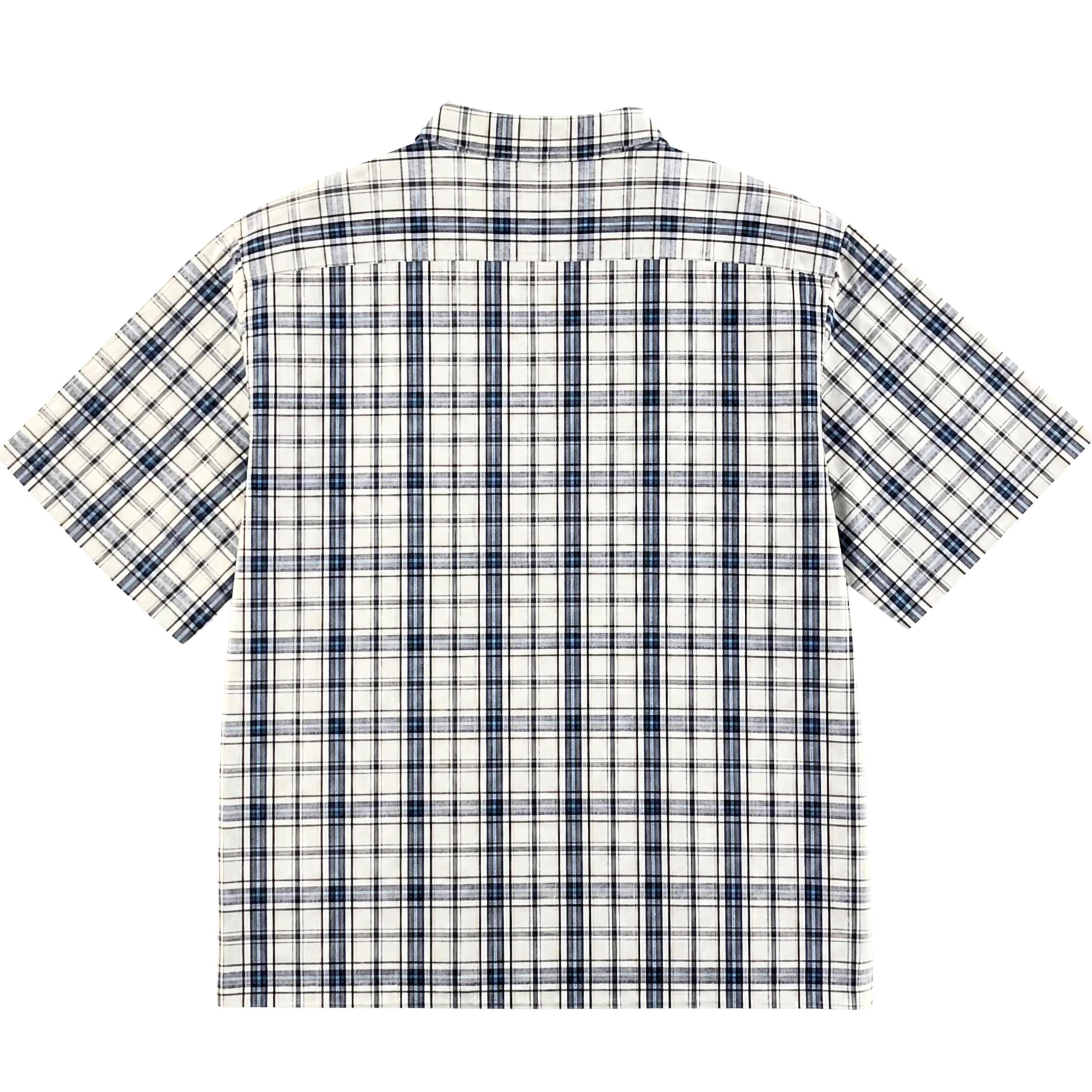 The Springdale Short-sleeve Button-up Shirt in egret and blue features a white background with a blue and black plaid pattern, displayed from the back.