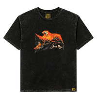 Just Relax Tee in mineral black with lounging tiger front graphic and heavyweight mineral wash cotton