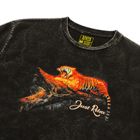 The Just Relax Tee in mineral black is a heavyweight cotton shirt featuring a roaring orange tiger lying on a rock with "Just Relax" in light script and labeled State Rush M.
