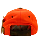 The image displays the back of the Peep Game Hat in safety orange and mossy oak, with a black adjustable strap, two ventilation holes, and a tag attached to this high-visibility outdoor headwear.