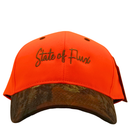 Peep Game Hat by State Of Flux in safety orange with Mossy Oak camo brim, embroidered logo, and strapback closure