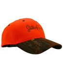 The Peep Game Hat in safety orange and mossy oak features a bright orange crown, Mossy Oak camo bill, and “State of Bru” embroidery—perfect high-visibility outdoor headwear.