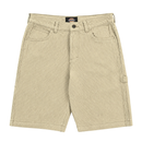 Hickory Stripe Carpenter Shorts in eucalyptus feature multiple pockets, a right-leg hammer loop, belt loops, zipper fly, and Dickies logo inside the waistband—classic workwear shorts built for everyday durability.