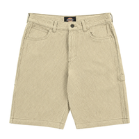 Hickory Stripe Carpenter Shorts in eucalyptus feature multiple pockets, a right-leg hammer loop, belt loops, zipper fly, and Dickies logo inside the waistband—classic workwear shorts built for everyday durability.