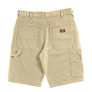 Hickory Stripe Carpenter Shorts in eucalyptus, featuring beige and white stripes, large back pockets, a red and brown Dickies logo patch, and a left-side tool loop—classic workwear style, shown flat on a white background.