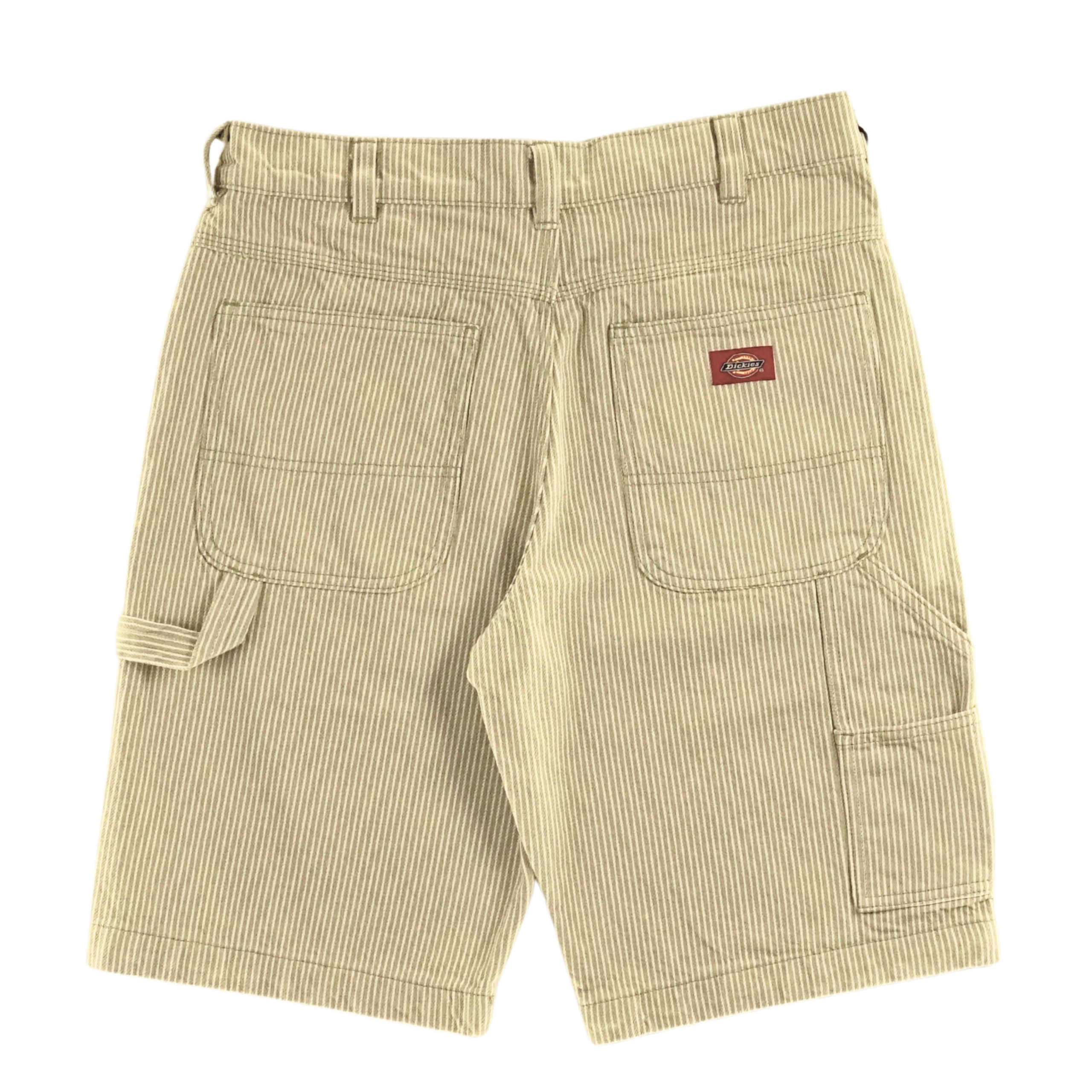 Hickory Stripe Carpenter Shorts in eucalyptus, featuring beige and white stripes, large back pockets, a red and brown Dickies logo patch, and a left-side tool loop—classic workwear style, shown flat on a white background.