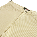 Close-up of Hickory Stripe Carpenter Shorts in eucalyptus, featuring beige and white stripes, front pockets, belt loops, and a visible Dickies label on the waistband.