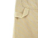 Close-up of the Hickory Stripe Carpenter Shorts in eucalyptus, featuring beige and white stripes, a stitched pocket, and fabric loop—showcasing signature Dickies workwear details.