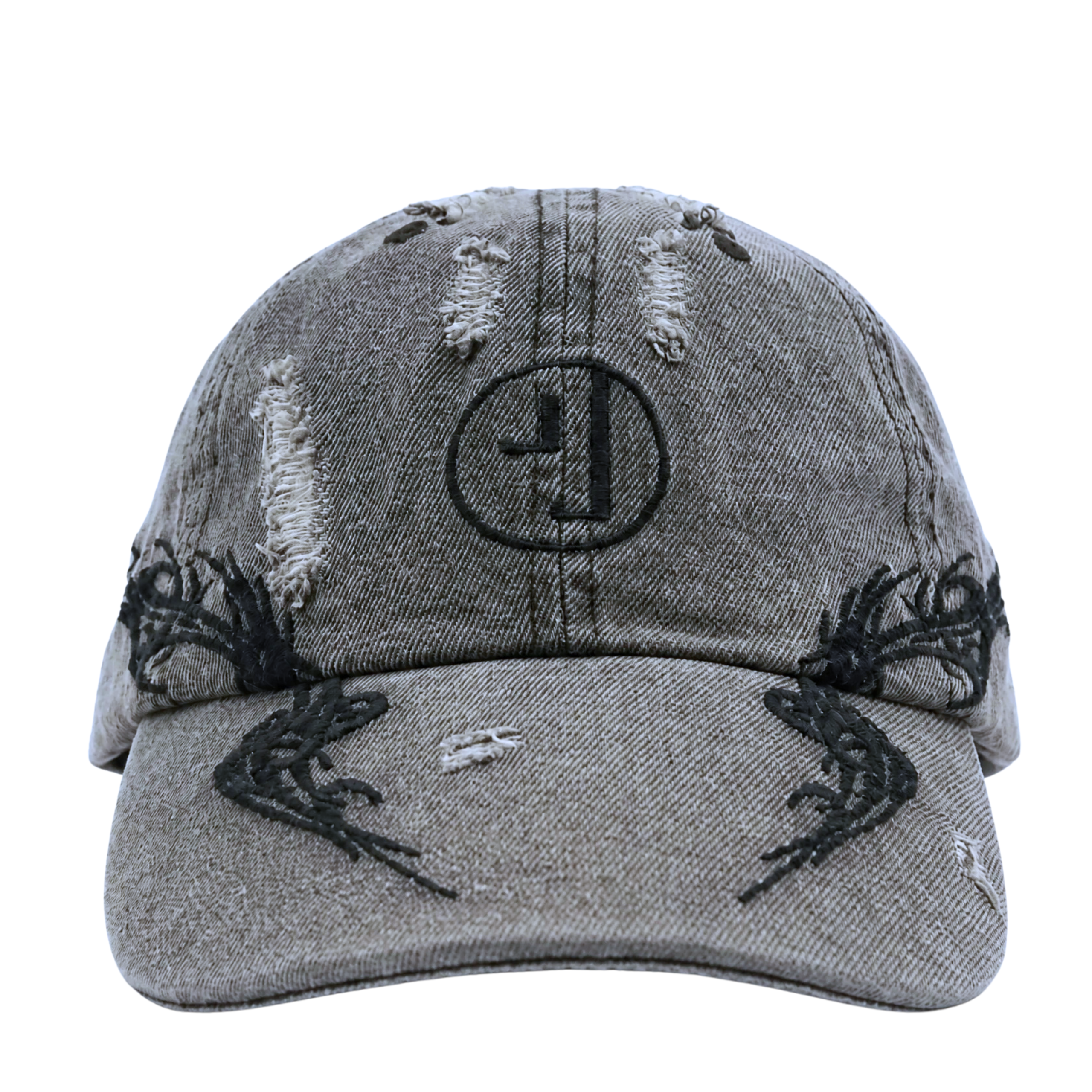 The Everyday Is A Gift Cap in washed black is a gray distressed embroidered baseball cap with black embroidery, featuring a circular logo on the front and black antler-like designs on the brim—this washed denim hat effortlessly elevates any streetwear cap collection.