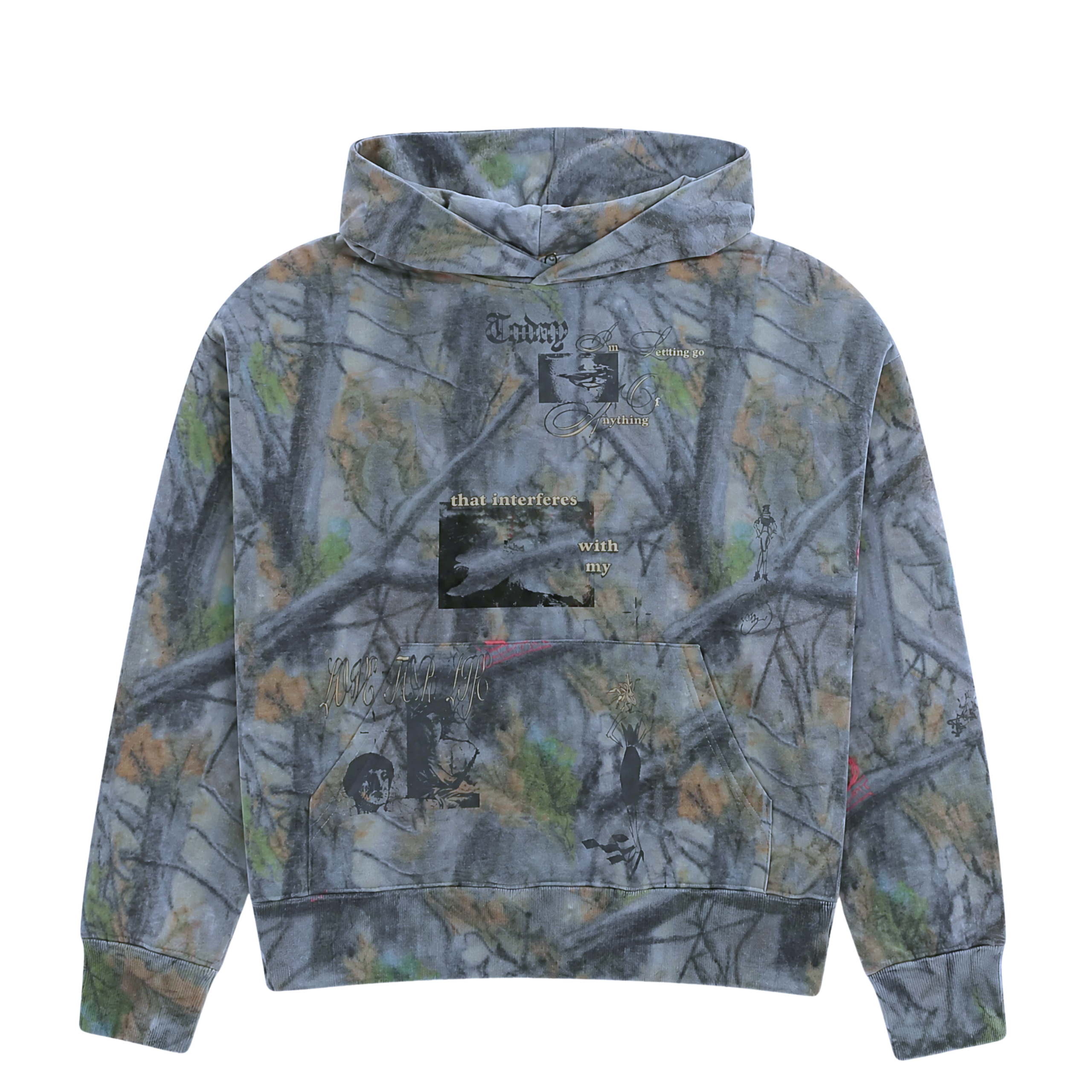 Introducing the Love For Life Hoodie in camo: a gray, long-sleeve heavyweight fleece hoodie by Jungles Jungles, featuring a tree branch camouflage pattern with scattered black text and bold graphic details on the front. Designed with a comfortable hood and front pocket, this streetwear staple combines cozy warmth with striking camo style.