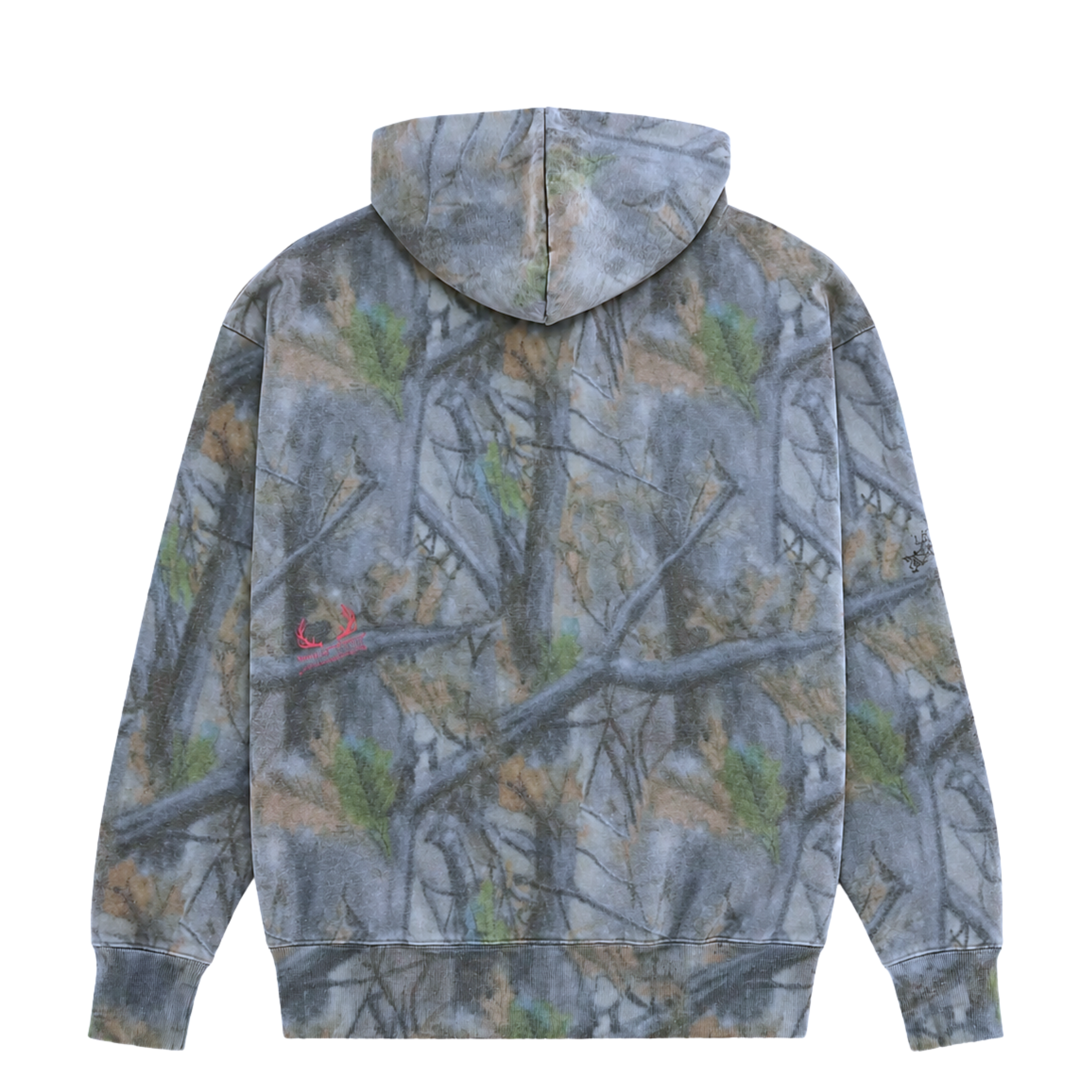 The Love For Life Hoodie in camo is a heavyweight fleece streetwear hoodie with a blue and gray camouflage pattern featuring tree branches and leaves, shown from the back. It includes a small pink antler graphic on the left side for a unique touch.