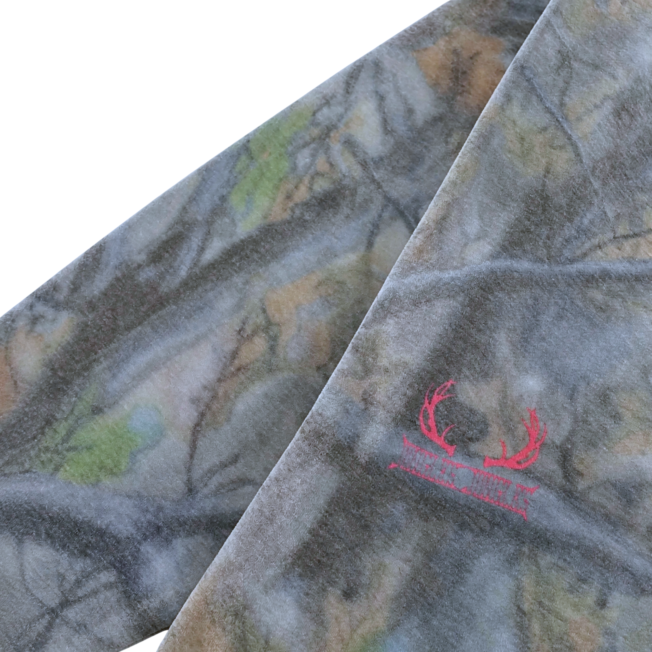 Close-up of a camouflage-patterned fabric sleeve from the Love For Life Hoodie in camo, featuring a small red deer antler logo and partially visible text printed near the cuff.