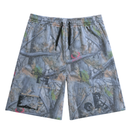 Introducing the Love For Life Shorts in camo: gray and green camouflage streetwear shorts with black drawstrings, featuring abstract graphics, faded text designs, scattered words, and symbols across the front. Crafted from heavyweight fleece for superior comfort and durability.