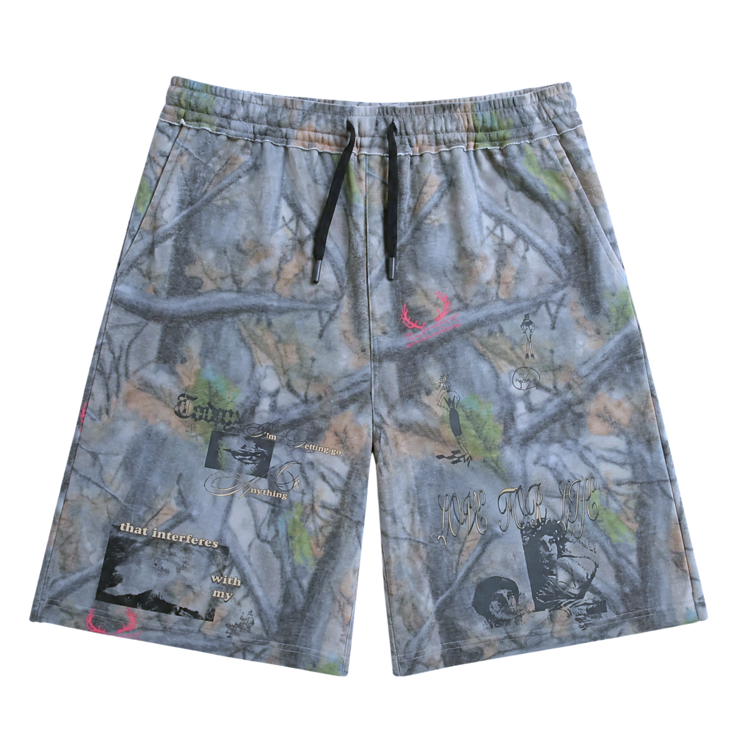Introducing the Love For Life Shorts in camo: gray and green camouflage streetwear shorts with black drawstrings, featuring abstract graphics, faded text designs, scattered words, and symbols across the front. Crafted from heavyweight fleece for superior comfort and durability.