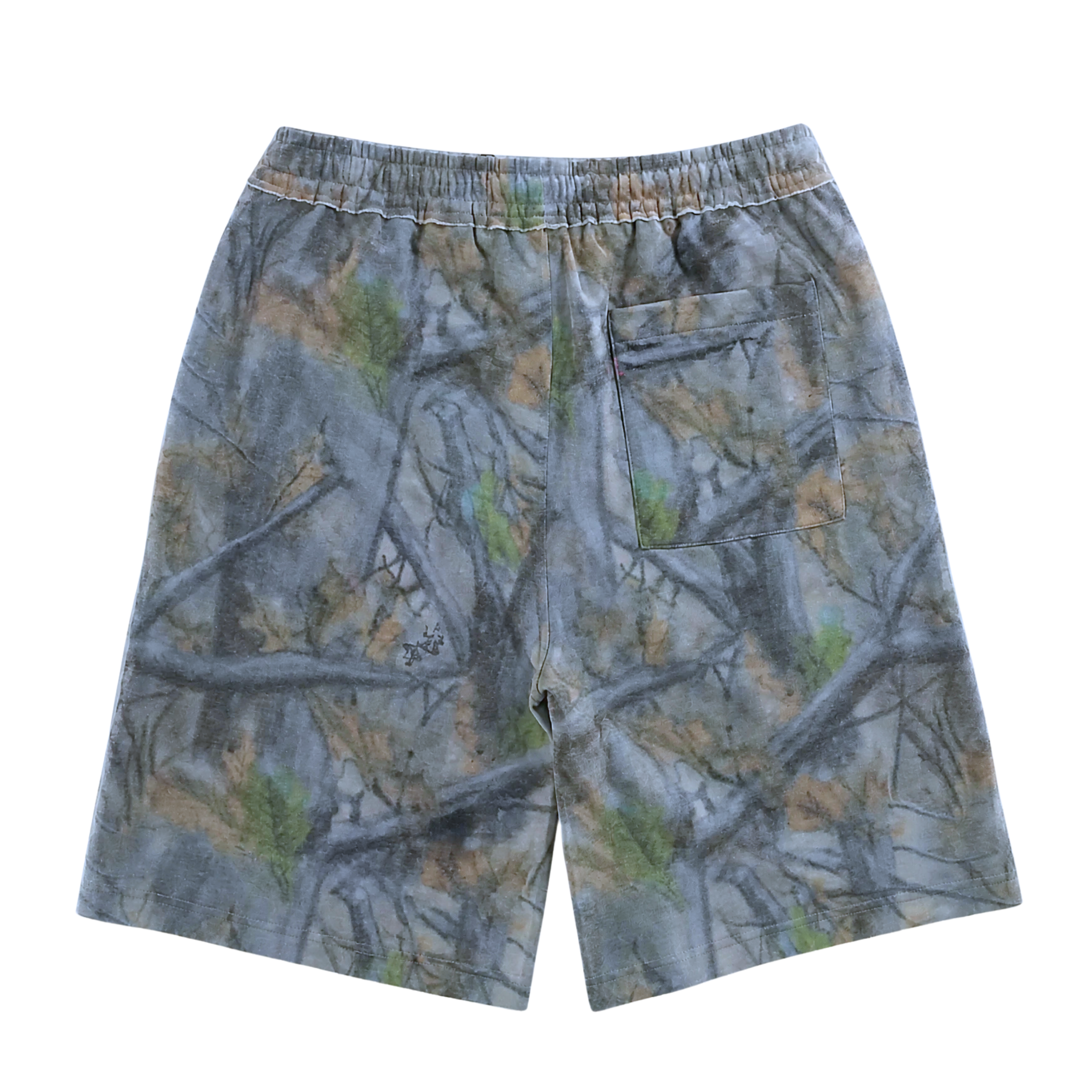 The Love For Life Shorts in camo are knee-length streetwear shorts with a green, brown, and gray camouflage print, featuring an elastic waistband and a single back pocket.