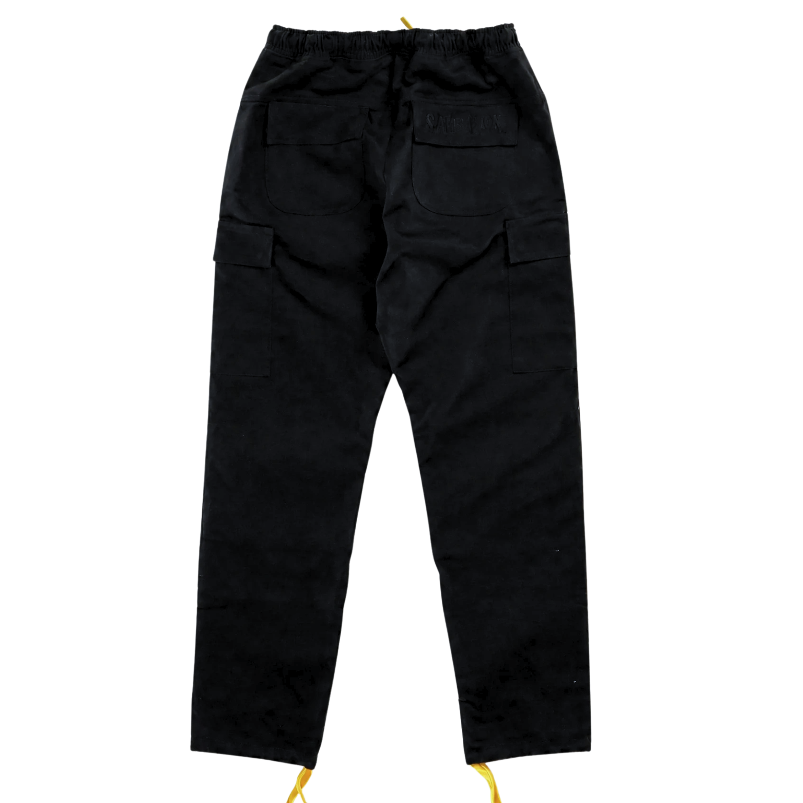 The Flux Utility Cargo Pants in black are shown from the back, featuring two back pockets, side utility pockets, an adjustable waistband, and yellow drawstrings at the ankles.
