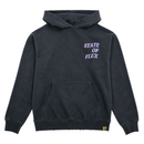 Today Is The Day Hoodie in distressed faded black and lilac, featuring STATE OF FLUX in white lettering on the left chest, a front pocket, and a small yellow SOF tag sewn near the bottom hem. This heavyweight oversized cotton hoodie combines comfort with distinctive style.