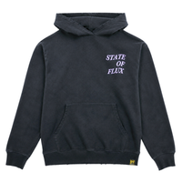 Today Is The Day Hoodie in distressed faded black and lilac, featuring STATE OF FLUX in white lettering on the left chest, a front pocket, and a small yellow SOF tag sewn near the bottom hem. This heavyweight oversized cotton hoodie combines comfort with distinctive style.