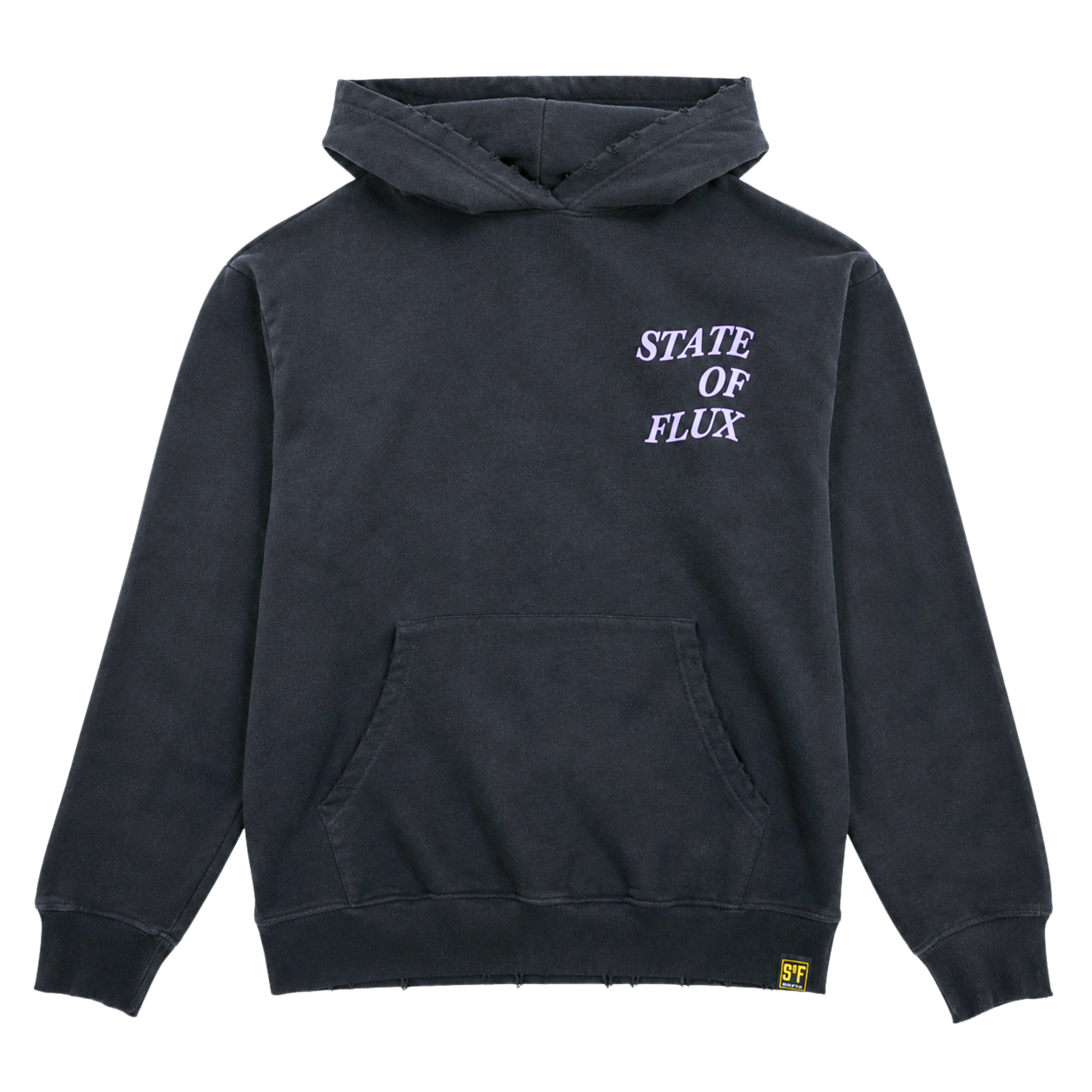 Today Is The Day Hoodie in distressed faded black and lilac, featuring STATE OF FLUX in white lettering on the left chest, a front pocket, and a small yellow SOF tag sewn near the bottom hem. This heavyweight oversized cotton hoodie combines comfort with distinctive style.