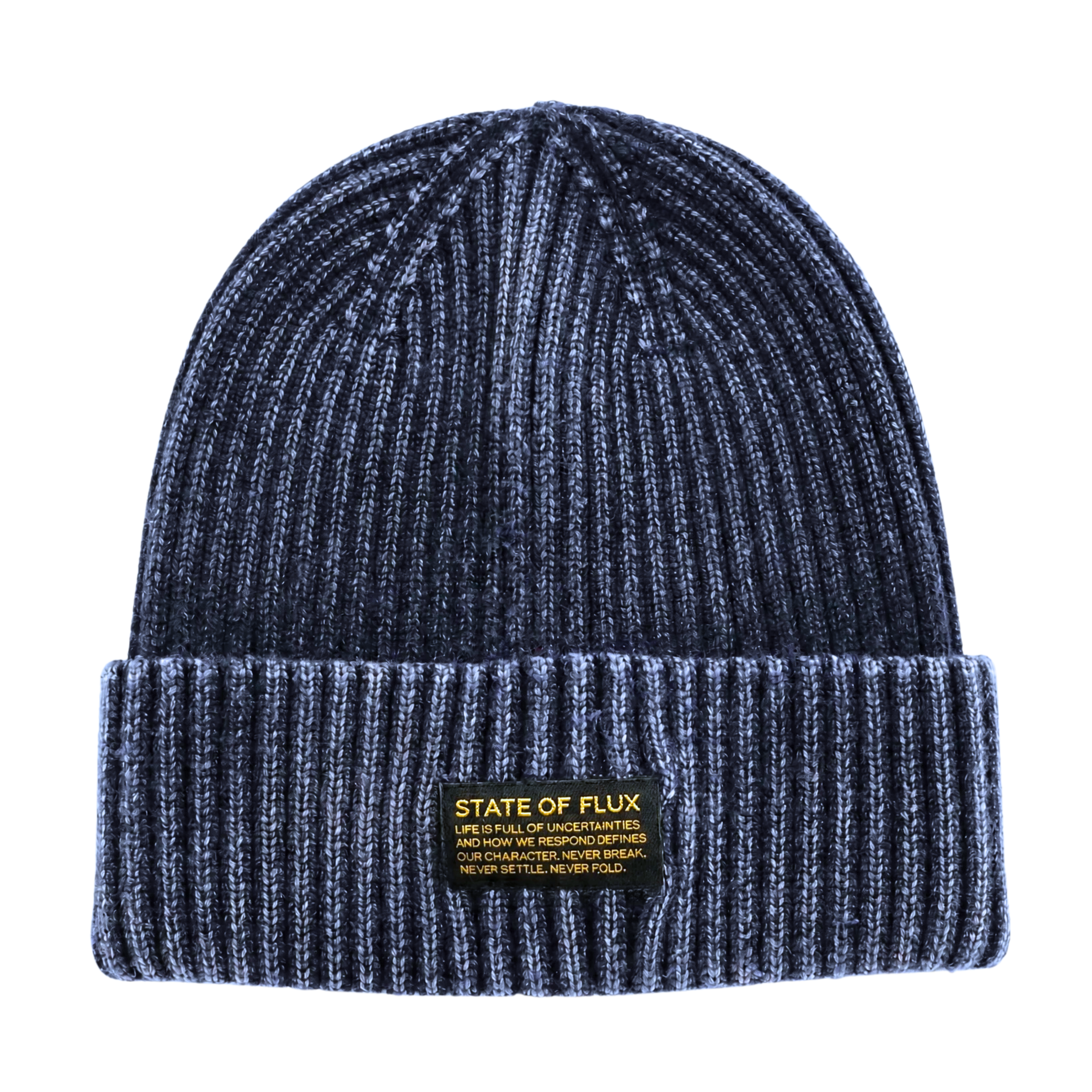 The Ribbed Knit Mantra Beanie in washed navy features a dark ribbed knit design with a folded brim and a yellow patch that reads STATE OF FLUX alongside an inspiring quote. Made from a comfortable rayon blend, this cozy accessory merges style and motivation in one versatile beanie.