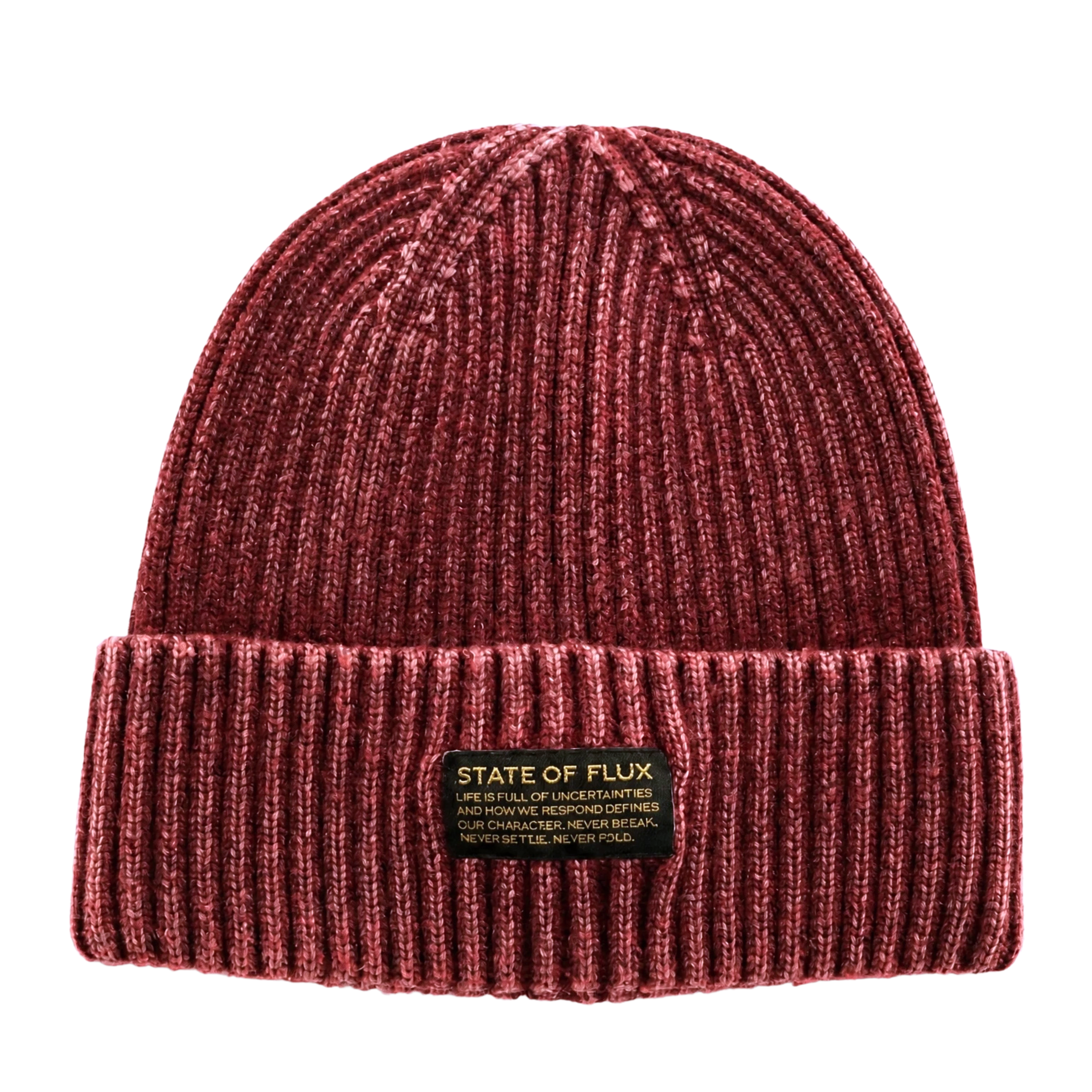 Introducing the Ribbed Knit Mantra Beanie in washed burgundy—a cozy red beanie crafted from a soft rayon blend, featuring a folded brim and a rectangular patch that displays “STATE OF FLUX” alongside an inspiring motivational quote in smaller lettering.