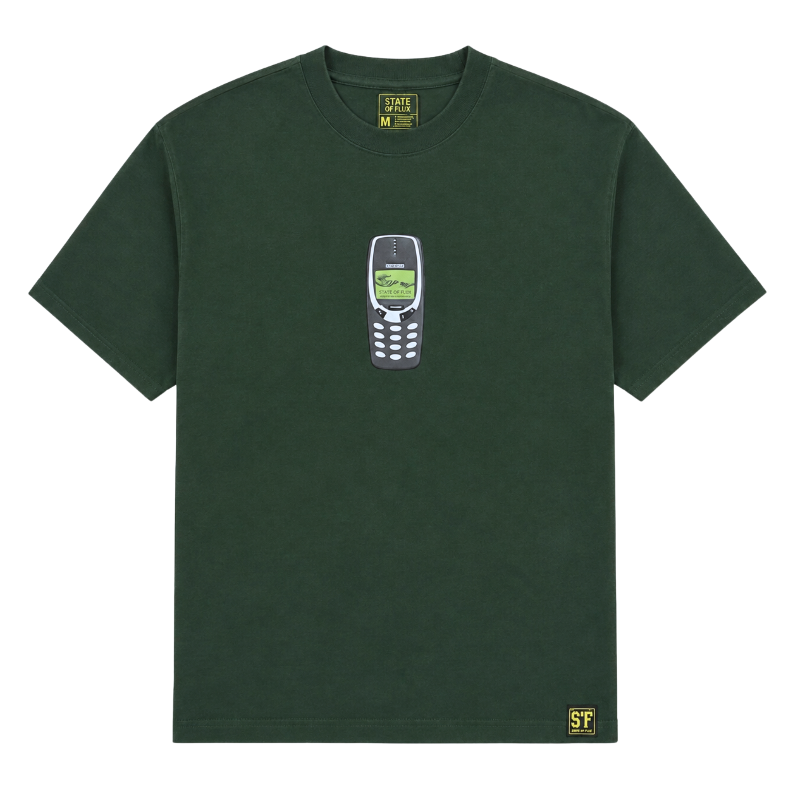 Introducing the Answer The Call Tee in forest green—a heavyweight, oversized t-shirt crafted from 100% cotton. This dark green tee features a bold graphic of a classic Nokia mobile phone at the center, perfect for streetwear layering. Distinct details include small yellow tags inside the collar and at the bottom left hem.