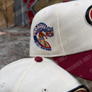 Close-up of two chrome white and cardinal caps. One cap, the PREORDER ONLY San Francisco 49ers Surfin’ Garcia 59Fifty Fitted Hat by New Era, features an embroidered NFL Pro Bowl Hawaii All-Star Game patch. The image displays PREORDER ONLY watermarks across it.