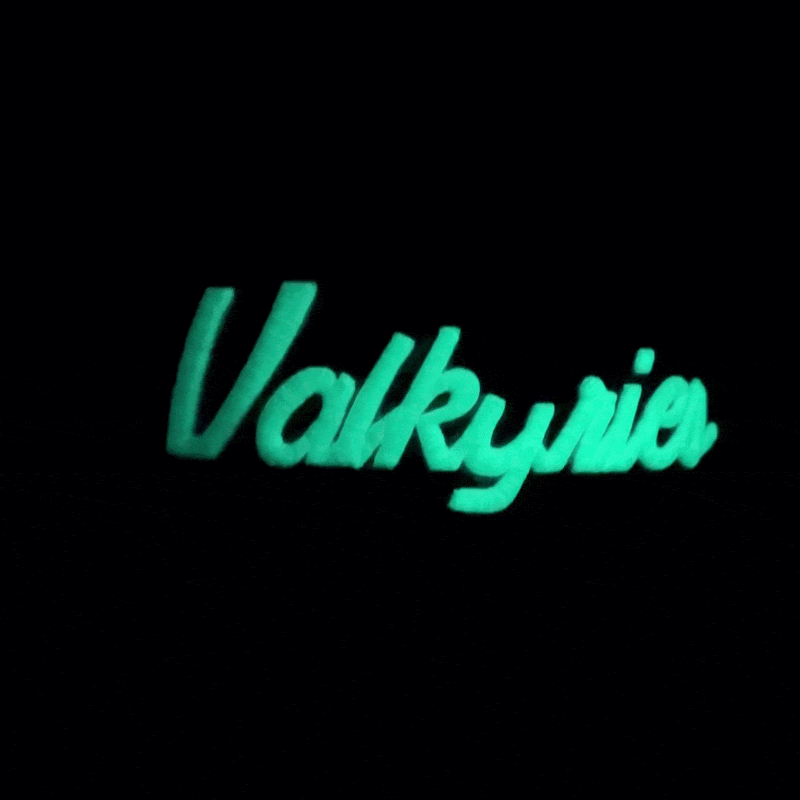 Glowing green cursive text spelling Valkyrie appears against a black background, evoking the iconic style of the Golden State Valkyries SZN 2 Pinky 19Twenty Corduroy Snapback Hat in black and violet from New Era Cap.