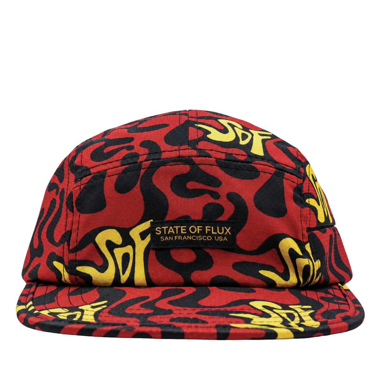 Zippered Psycapdelic 5-Panel Hat in blood red and bright yellow
