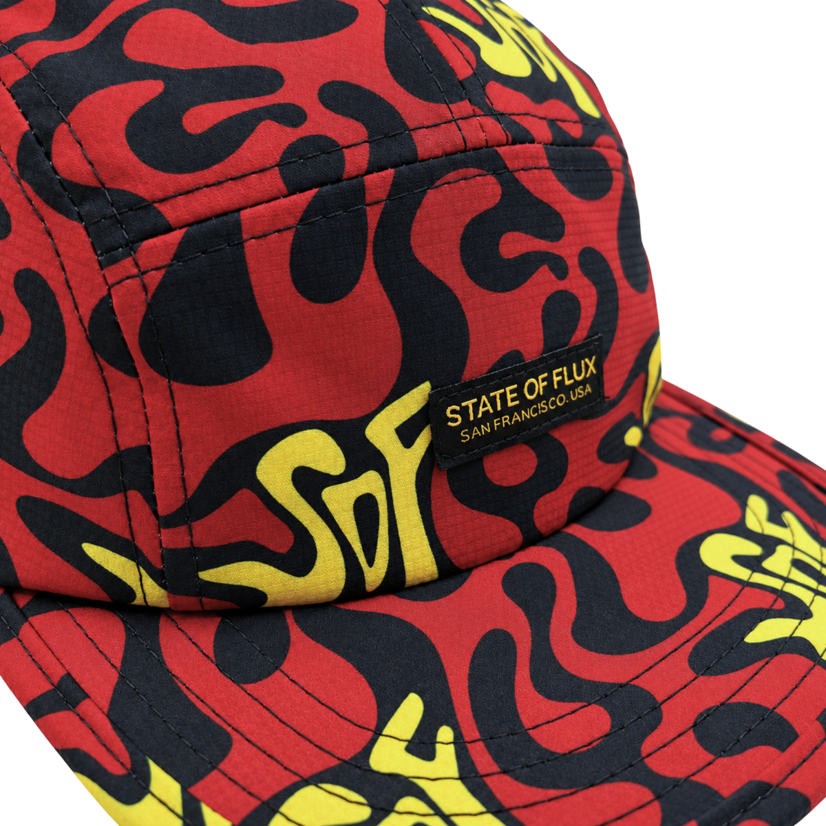 Zippered Psycapdelic 5-Panel Hat in blood red and bright yellow