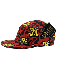 Introducing the Zippered Psycapdelic 5-Panel Hat in blood red and bright yellow—a bold, stretch fabric cap that fuses comfort and modern style. Featuring an eye-catching red, black, and yellow pattern, this hat displays “SOF” in yellow on the front and a signature black tag reading “STATE OF FLUX” with additional text. Its zippered pocket brings a contemporary twist to the classic five-panel design.