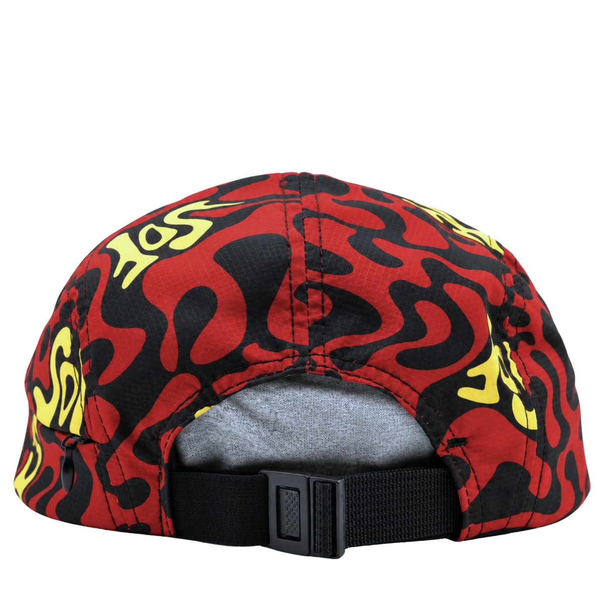 A Zippered Psycapdelic 5-Panel Hat in blood red and bright yellow, shown from the back, featuring yellow graffiti-style lettering. It has a black adjustable strap, a small opening above the strap, and showcases classic streetwear appeal.