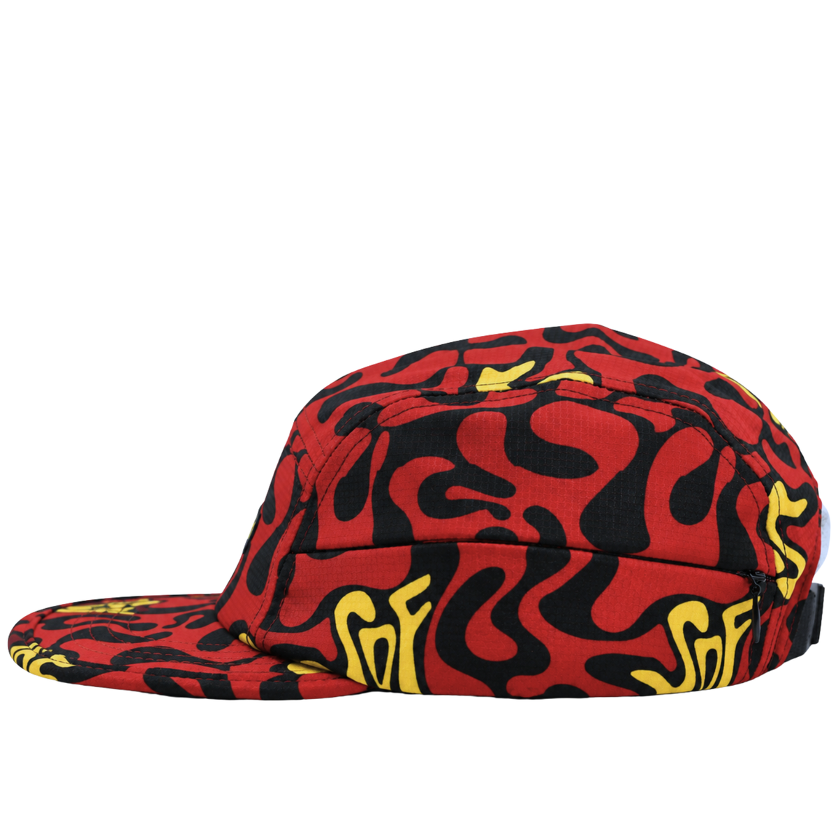 The Zippered Psycapdelic 5-Panel Hat in blood red and bright yellow, featuring an abstract black and yellow wavy pattern and crafted from stretch fabric, is viewed from the side against a white background.