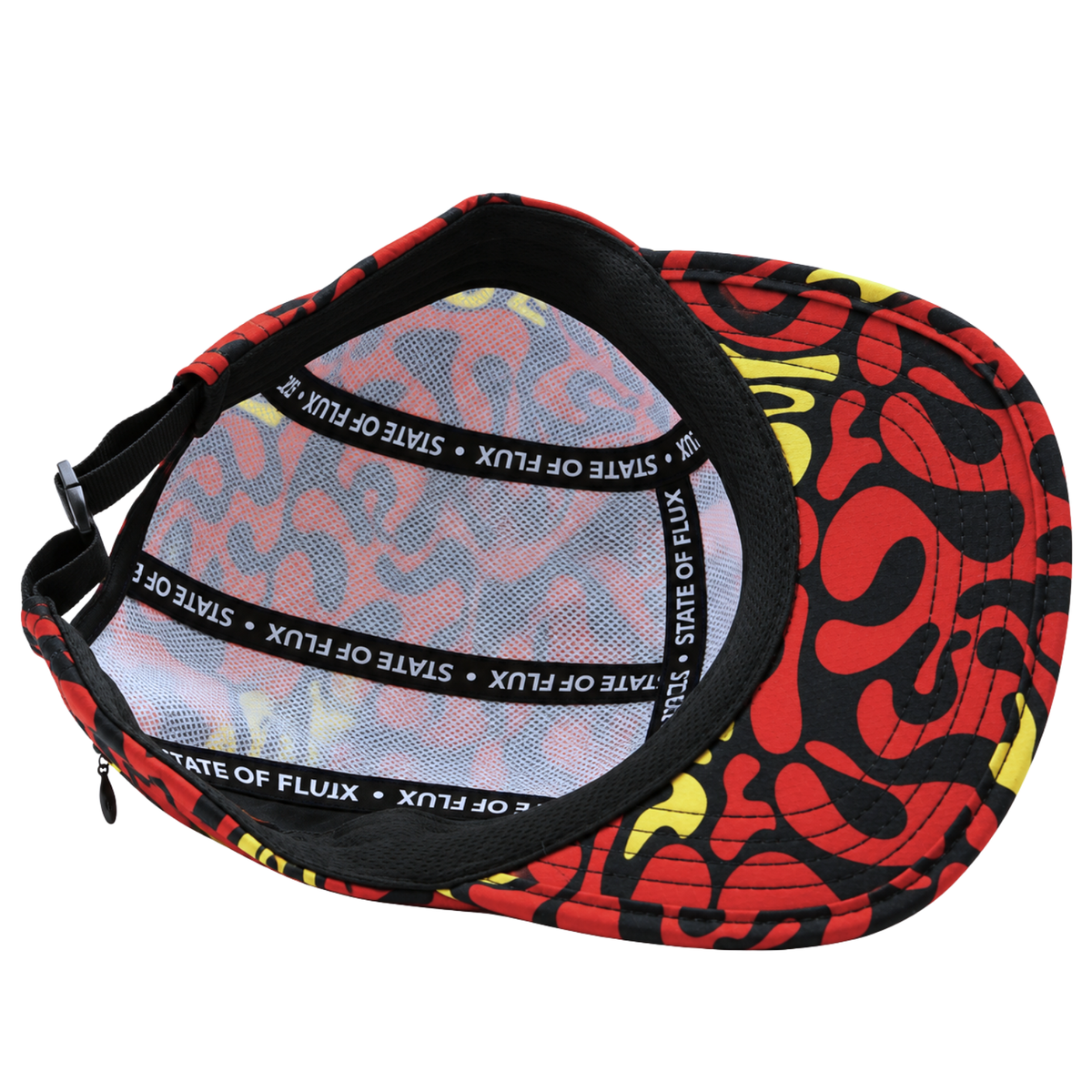 A vibrant Zippered Psycapdelic 5-Panel Hat in blood red and bright yellow is turned inside out, revealing its mesh lining and black bands labeled STATE OF FLUX.