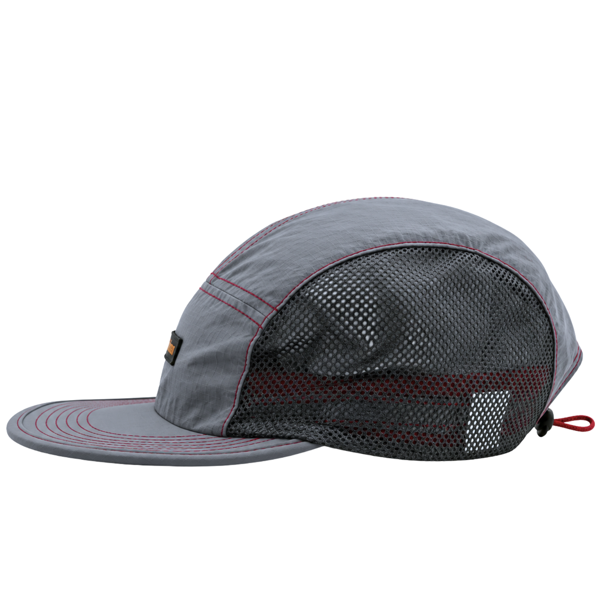 Introducing the SOF Active 5-Panel Cap in steel—a lightweight gray hat crafted from water-resistant nylon. This cap features bold red stitching, a flat brim, and black mesh side panels for ventilation. The back is finished with a small reflective patch and an adjustable red drawstring for a secure fit.