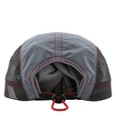The SOF Active 5-Panel Cap in steel is shown from the back, featuring a gray and black mesh design with an adjustable red cord and toggle, plus an opening above the adjustment for ventilation or ponytail access. This lightweight hat is crafted from water-resistant nylon with visible stitching and a slightly reflective finish, blending practicality with modern style.