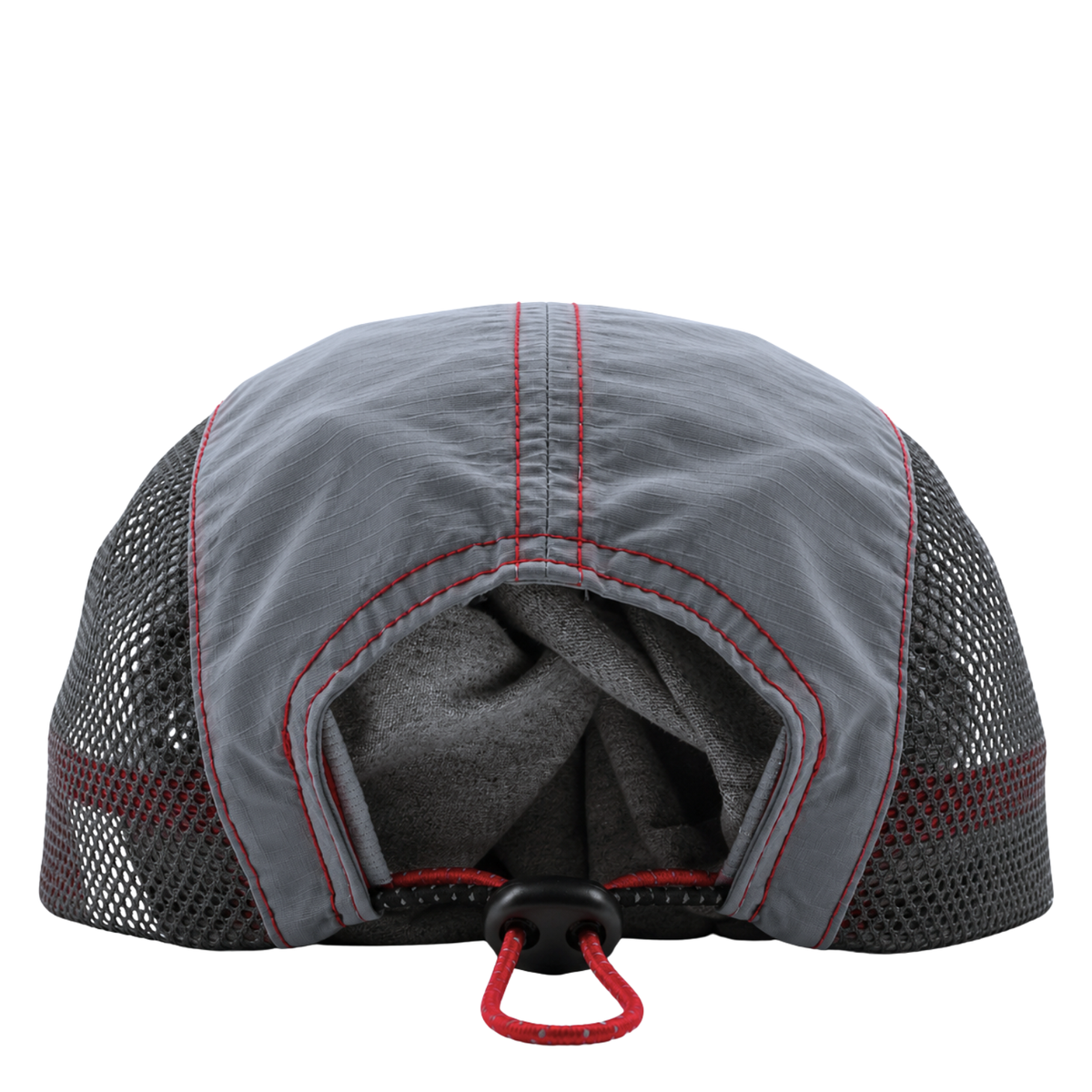 The SOF Active 5-Panel Cap in steel is shown from the back, featuring a gray and black mesh design with an adjustable red cord and toggle, plus an opening above the adjustment for ventilation or ponytail access. This lightweight hat is crafted from water-resistant nylon with visible stitching and a slightly reflective finish, blending practicality with modern style.