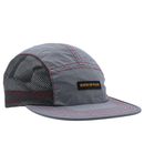 Introducing the SOF Active 5-Panel Cap in steel: this gray cap is crafted from water-resistant nylon and features bold red stitching, black mesh side panels, and a rectangular STATE OF FLUX patch on the front. Lightweight in design, it’s finished with a flat brim highlighted by coordinating red stitch accents for an extra touch of style.
