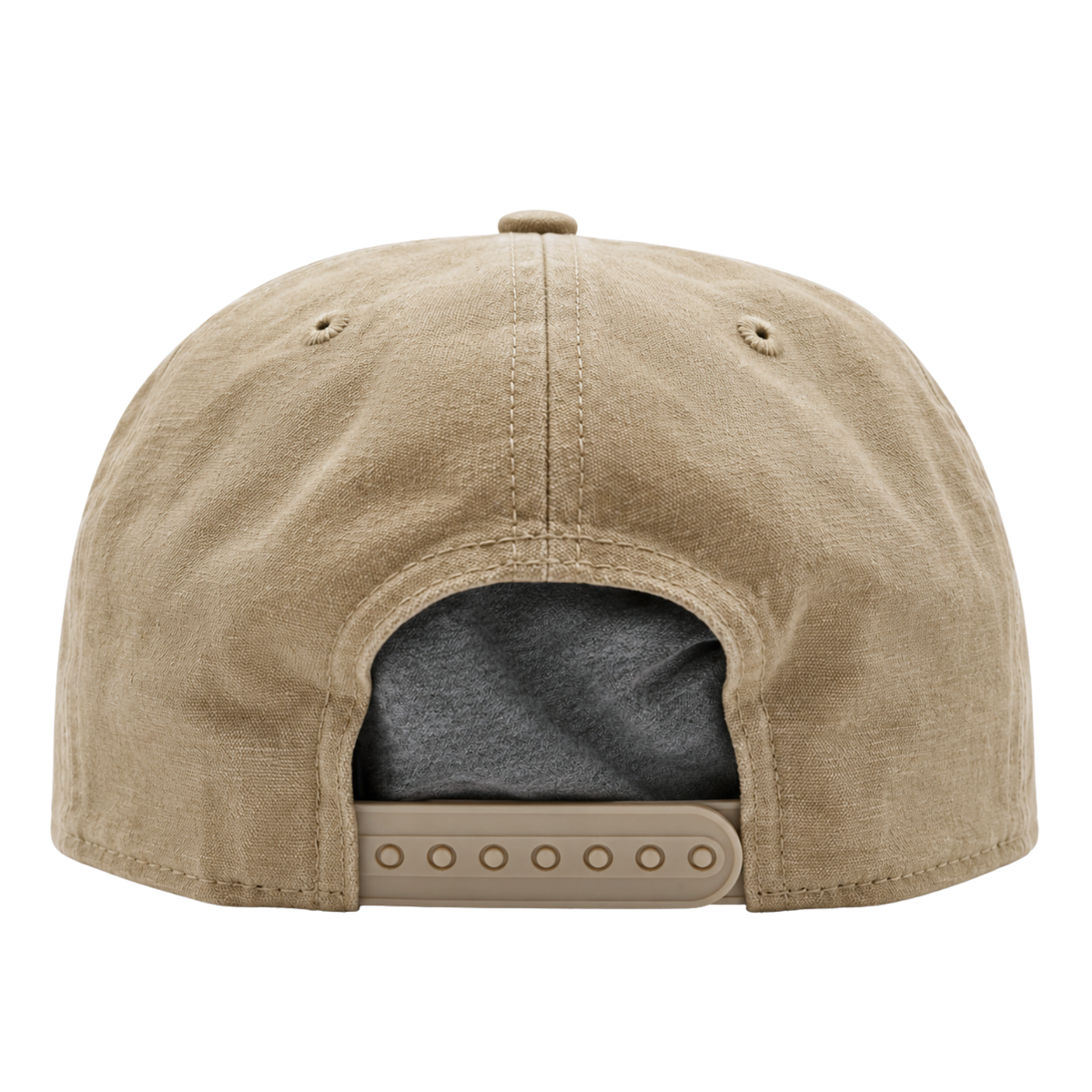 Showcased from the back, the San Francisco 49ers Big Logo Visor 9Fifty Snapback Hat in beige features an adjustable snapback closure and two small ventilation holes on each side. Ideal for fans and collectors, this vintage-inspired cap displays a gray inner lining partially visible through the opening, perfectly blending classic style with bold team pride.