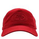 Introducing the San Francisco 49ers Super Bowl XXIV Embossed 9Forty A-Frame Snapback Hat, crafted in scarlet corduroy. This cap showcases an embossed circular logo with stylized lettering on the front panel, drawing inspiration from classic Super Bowl XXIV designs. It features a curved brim and prominent stitching details, channeling the iconic look of vintage 49ers snapbacks.