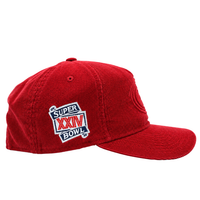 A San Francisco 49ers Super Bowl XXIV Embossed 9FORTY A-Frame Snapback Hat in scarlet corduroy, featuring a Super Bowl XXIV patch on the left side, is displayed from a side view against a white background.