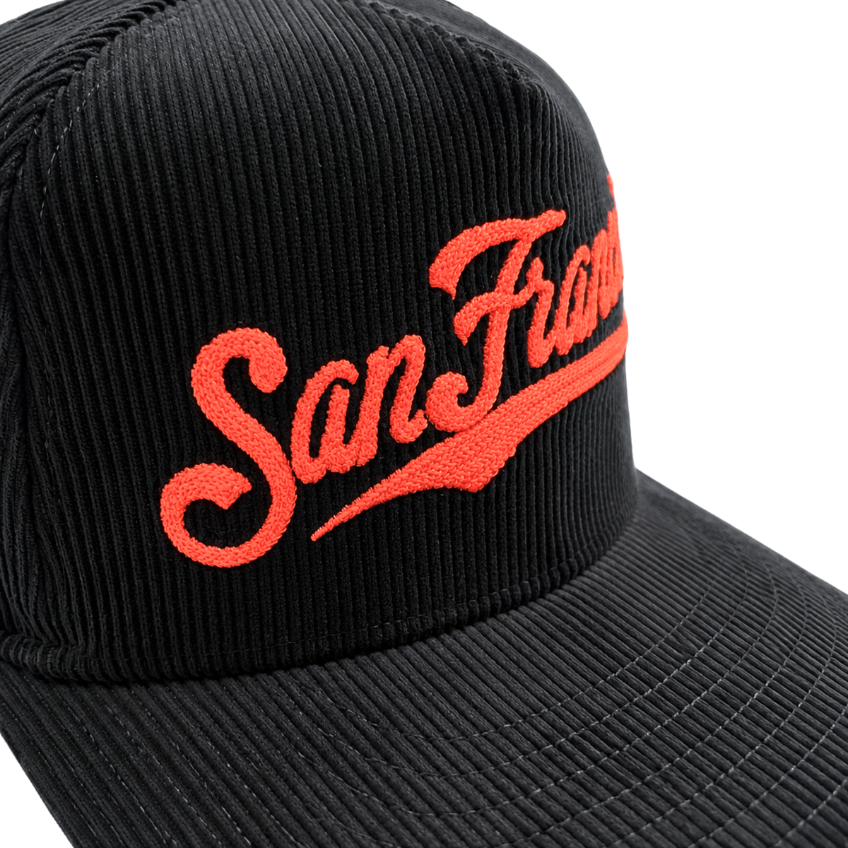 The San Francisco Giants All-Star Trolley Corduroy 19Twenty Snapback Hat in black and orange features “San Francisco” chainstitch embroidered in bold orange script on the front, inspired by classic Giants snapback designs.