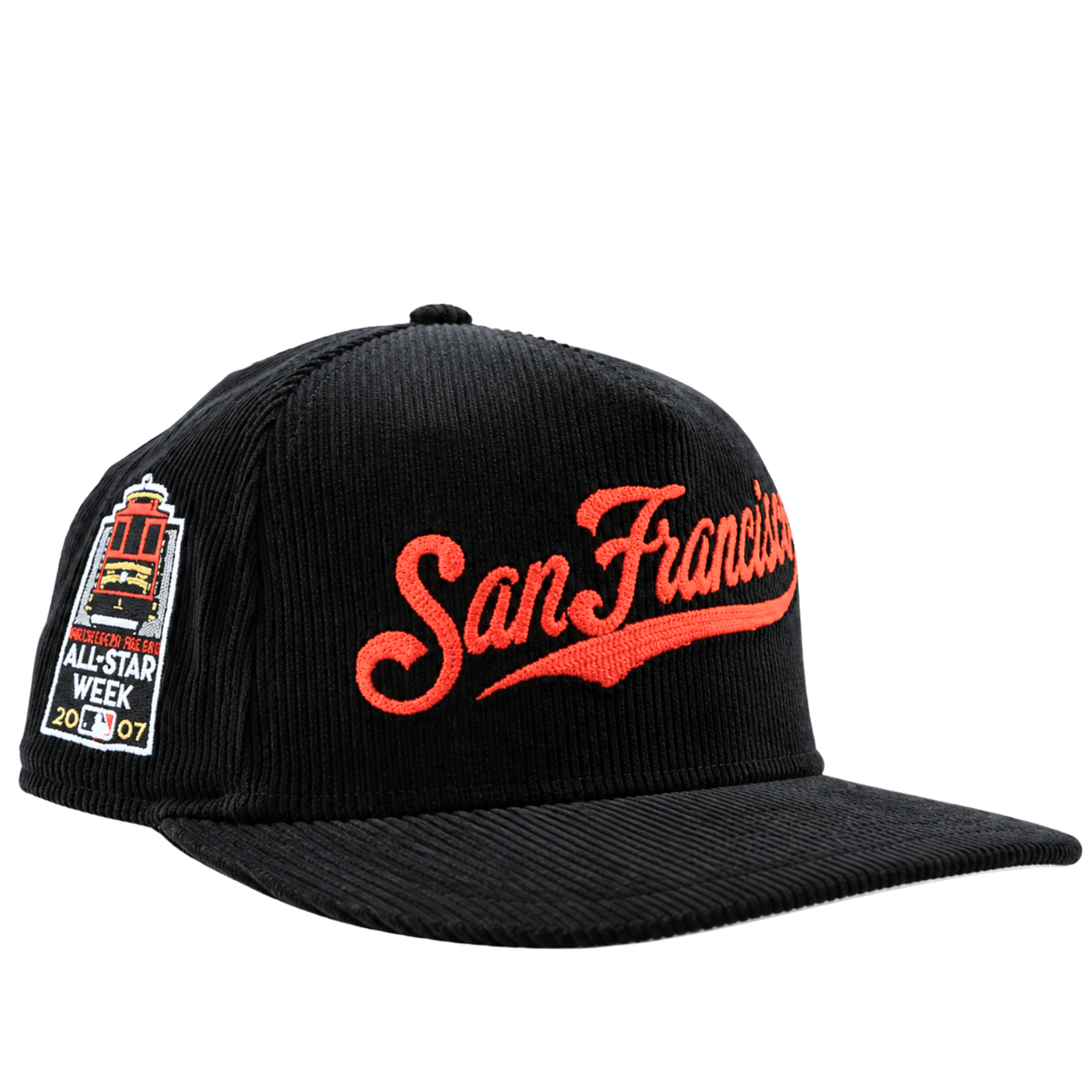 Introducing the San Francisco Giants All-Star Trolley Corduroy 19Twenty Snapback Hat in black and orange, featuring bold “San Francisco” script chainstitch embroidery on the front, a 2007 All-Star Week patch on the side, and classic corduroy fabric—an iconic snapback for any Giants fan.