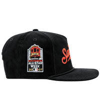 The San Francisco Giants All-Star Trolley Corduroy 19Twenty Snapback Hat in black and orange features a classic corduroy golfer-style design with a red Saints logo on the front, a 2007 MLB All-Star Week patch displaying a trolley and the MLB logo on the left side, and standout chainstitch embroidery for an authentic ballcap look.
