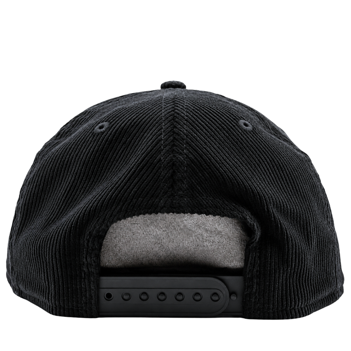 A close-up view of the back of the San Francisco Giants All-Star Trolley Corduroy 19Twenty Snapback Hat in black and orange, highlighting its golfer-style design, adjustable strap, and gray inner lining.