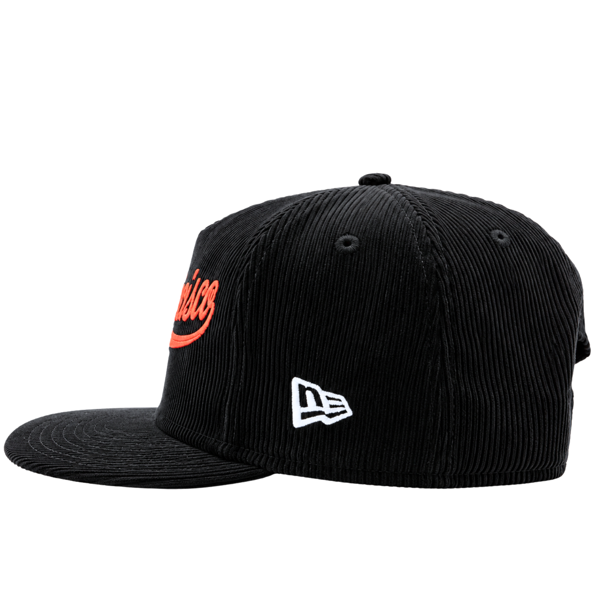 The San Francisco Giants All-Star Trolley Corduroy 19Twenty Snapback Hat features black corduroy with orange accents, a flat brim, red Classic text on the front, and a white embroidered New Era logo on the left side—reminiscent of a classic Giants snapback.