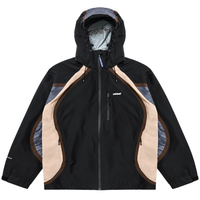 Black and beige Disorder Shell Jacket featuring paneled detailing and zippered pockets.