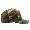 Profile view of a vintage washed camo San Francisco Giants Field Notes Unstructured A-Frame 9Forty Snapback Hat with a gold embroidered logo on the front.