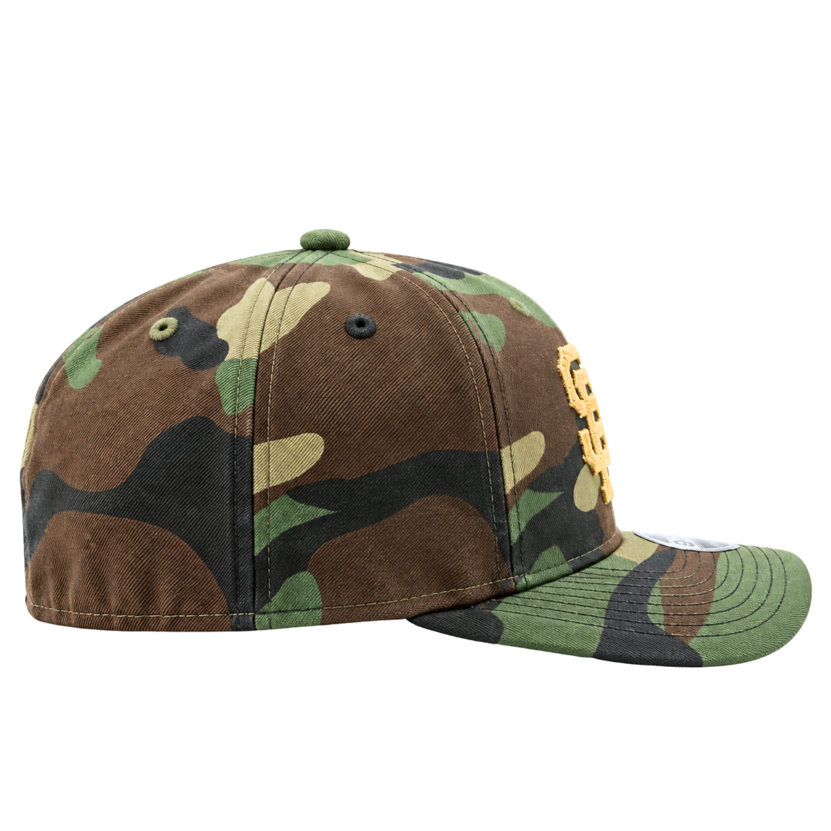 Profile view of a vintage washed camo San Francisco Giants Field Notes Unstructured A-Frame 9Forty Snapback Hat with a gold embroidered logo on the front.