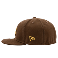 Walnut and metallic gold San Francisco 49ers Gold Standard 59Fifty Fitted Hat, a brown 59FIFTY fitted baseball cap with a metallic gold San Francisco 49ers logo embroidered on the side.